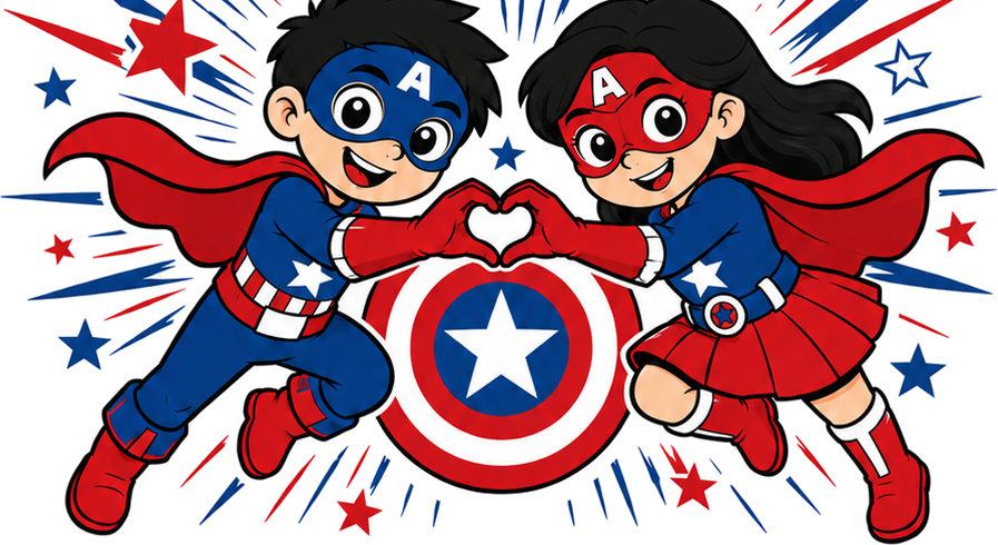 Two kids in superhero capes forming a heart